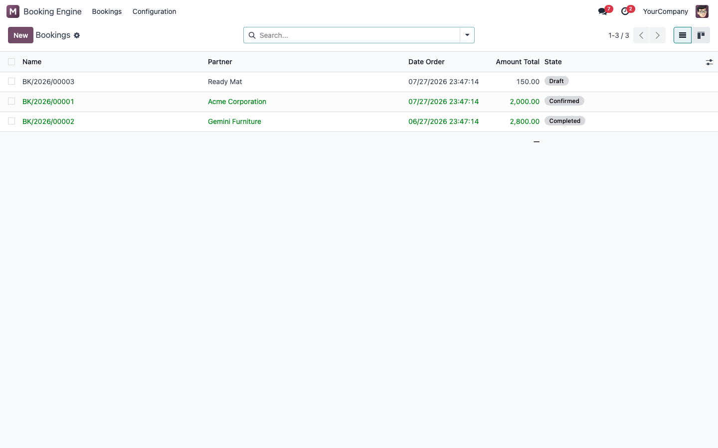 Bookings list with status decorations