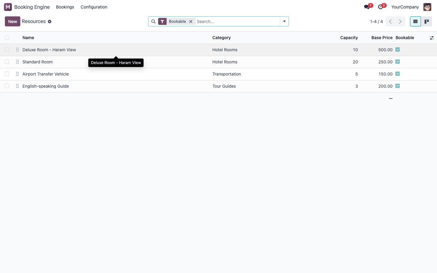 Bookable resources by category